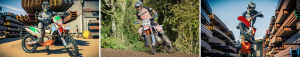 A montage of images showing British Enduro Champion, Jake Roper, posing with his bike, riding it through a forest and doing a wheelie in the Kentford yard