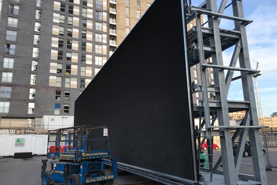 The Manchester media wall with the screen installed, showing the structural steel frame from the side