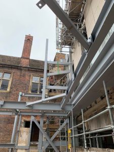 A view of the St Catharine’s College steel structure which will eventually be a dining hall, supplied by AJN Steelstock