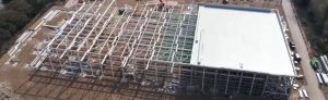 Parvalux Electric Motors building being constructed with AJN Steelstock steel shot by a drone